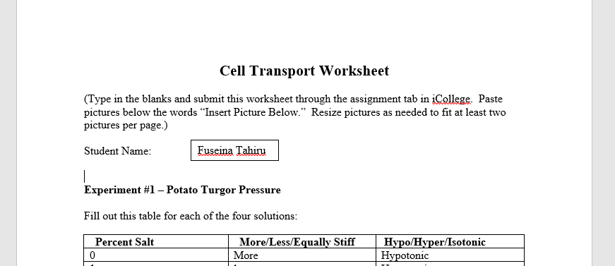 Cell Transport Worksheet
